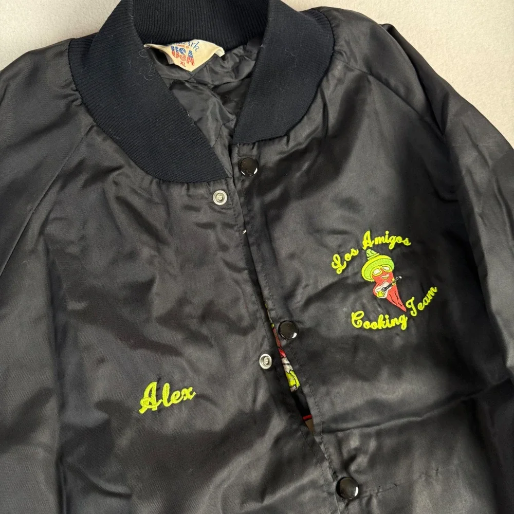 80s Vintage WestArk Los Amigos Team Bomber Jacket Black Satin Mens XL USA